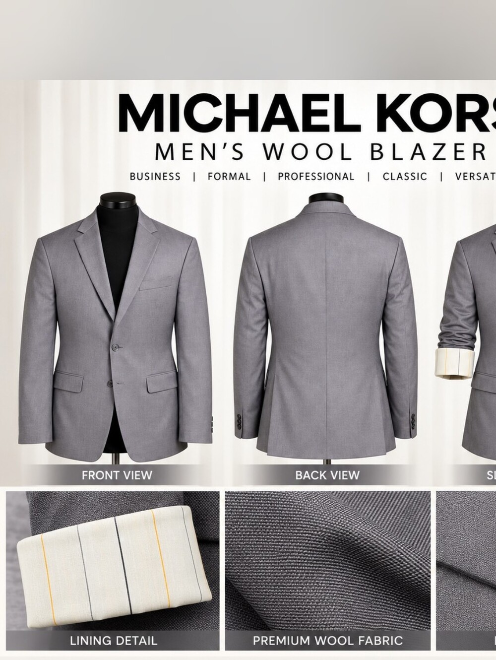 Michael Kors 44R Gray 100% Wool Blazer Sport Coat Business Formal Men's